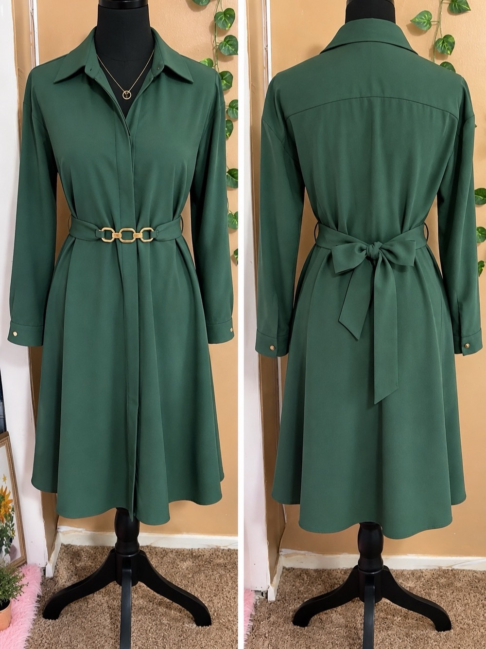Zara Green Shirt Dress with Gold Chain Belt XS